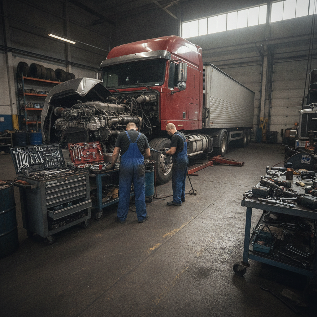 Create a realistic, professional service-business photograph showing Commercial Truck Repair from behind, with the backs of their heads visible. Do not show any faces, facial features, front-facing views or side views, profiles, or identifi