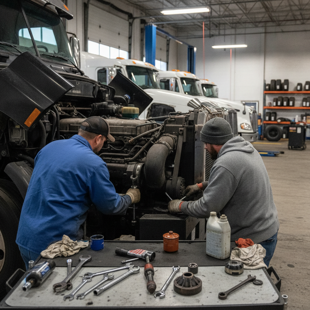 Create a realistic, professional service-business photograph showing Diesel Truck Repair from behind, with the backs of their heads visible. Do not show any faces, facial features, front-facing views or side views, profiles, or identifiable